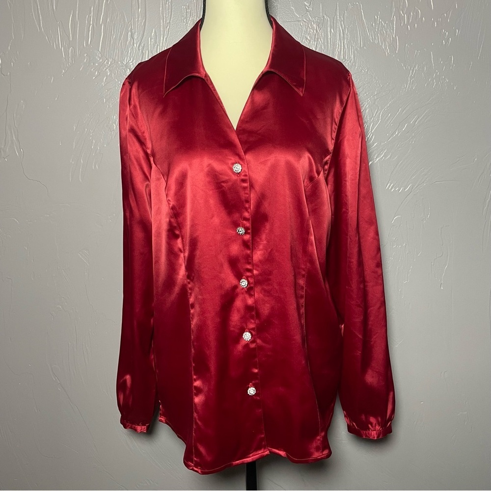 Vintage 90s Susan Graver Style Red Satin Blouse with Rhinestone Buttons